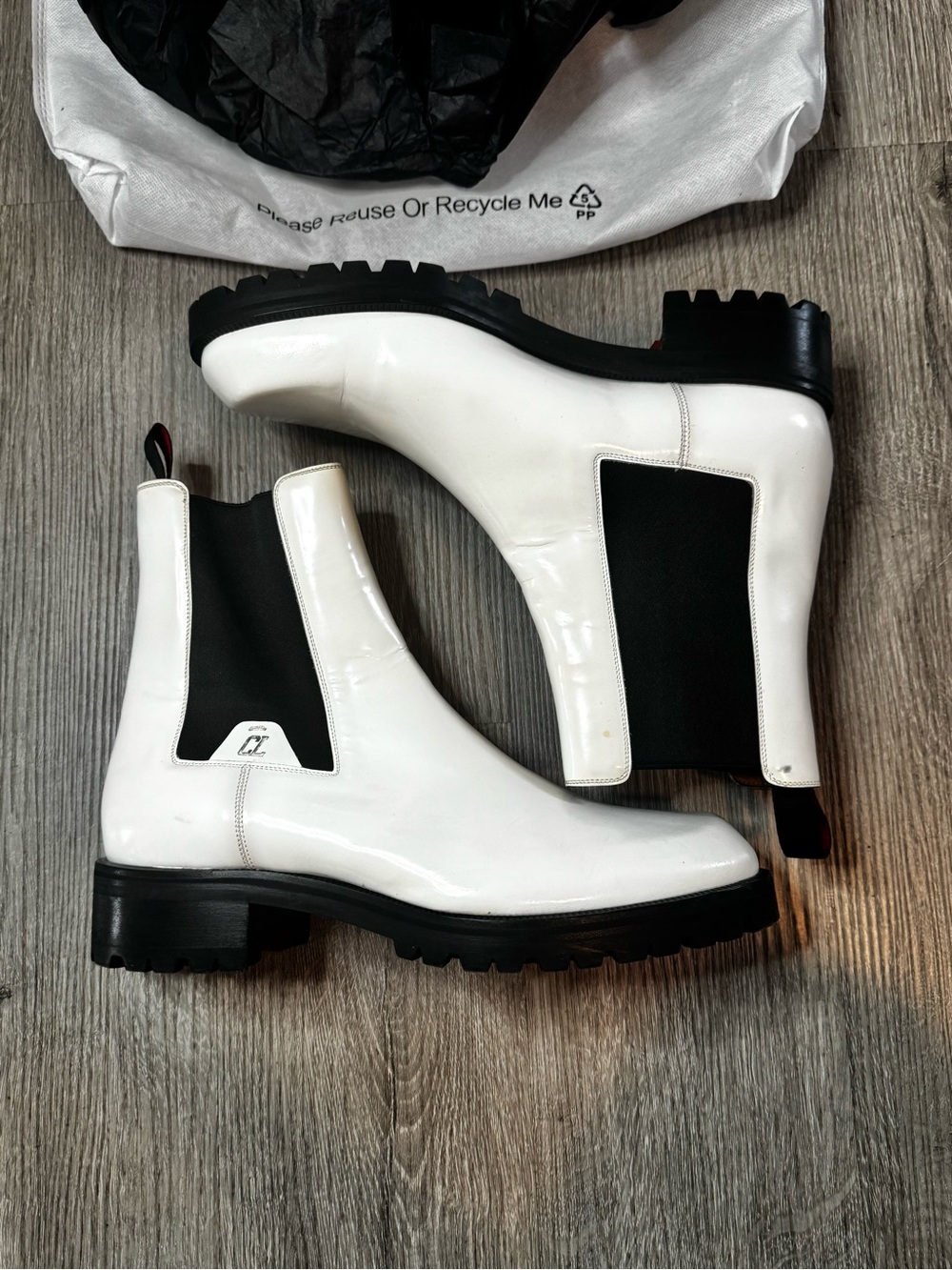 Christian Louboutin Patent Leather Chelsea Boots White Black Designer Size 10
